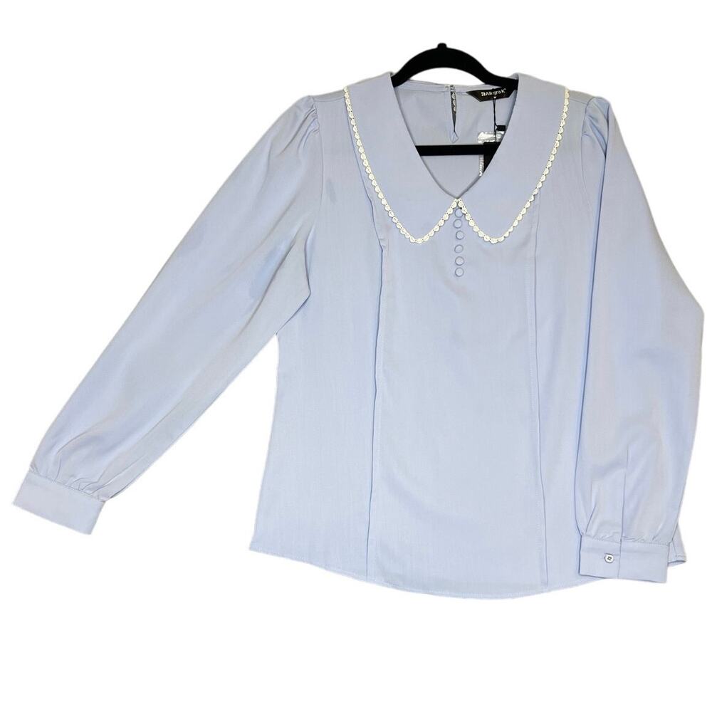 NWT Allegra K Peter Pan Crochet Trim Long Sleeve Chiffon Blouse Blue